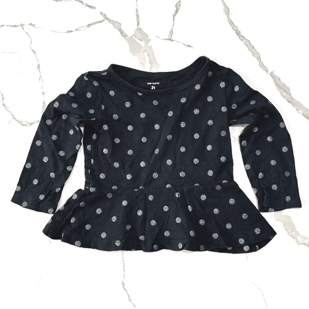 Carter’s | Toddler Girls Black Long Sleeve Peplum Silver Polka Dot Shirt Top 2T